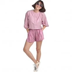 BURU White Label Clothing Drawstring Henley Blouse - Pink Lurex - Final Sale