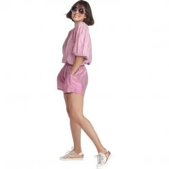 BURU White Label Clothing Drawstring Henley Blouse - Pink Lurex - Final Sale