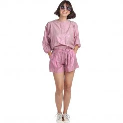 BURU White Label Clothing Drawstring Henley Blouse - Pink Lurex - Final Sale