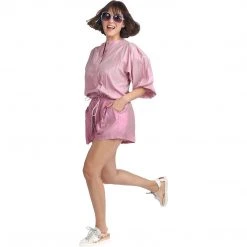 BURU White Label Clothing Drawstring Henley Blouse - Pink Lurex - Final Sale