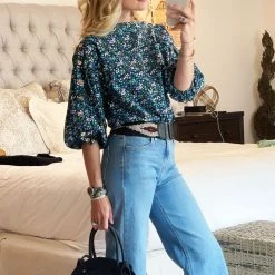 BURU White Label Button Sleeve Blouse - Black Micro Floral