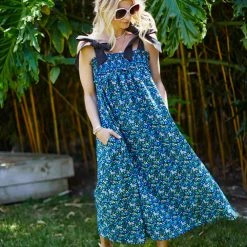 BURU White Label Tie Top MIDI Dress - Black Micro Floral Clothing