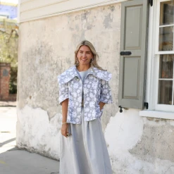 BURU Pink Label BURU X Megan Stokes Cropped Car Coat - Blue Floral Jacquard