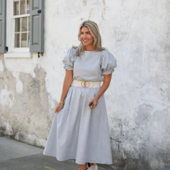 BURU Pink Label BURU X Megan Stokes Puff Sleeve Top - Blue & White Faille Clothing