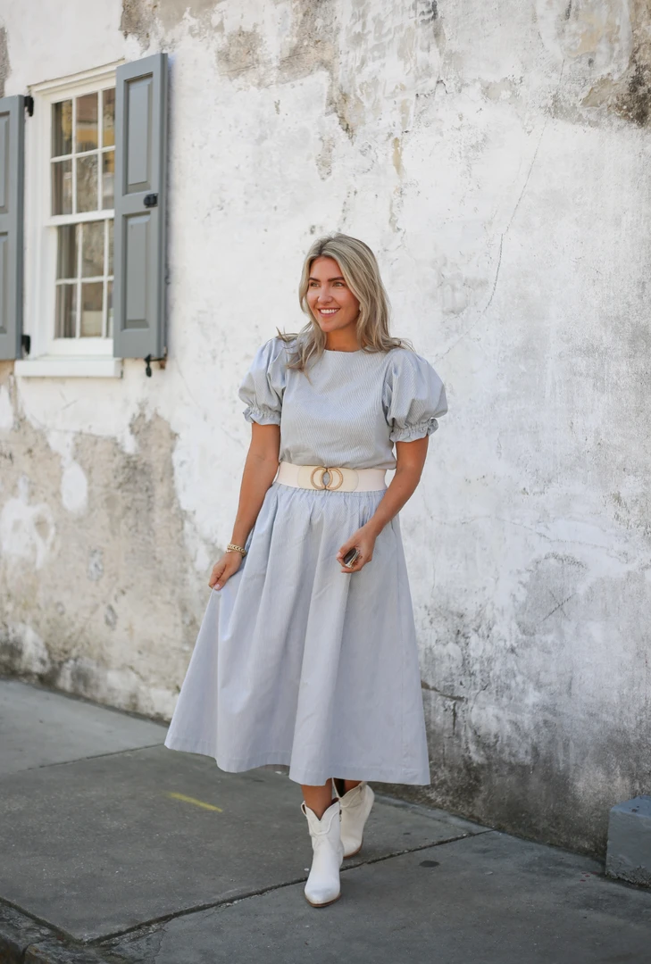 BURU Pink Label BURU X Megan Stokes Puff Sleeve Top - Blue & White Faille Clothing 4 BURU Pink Label BURU X Megan Stokes Puff Sleeve Top - Blue & White Faille Clothing