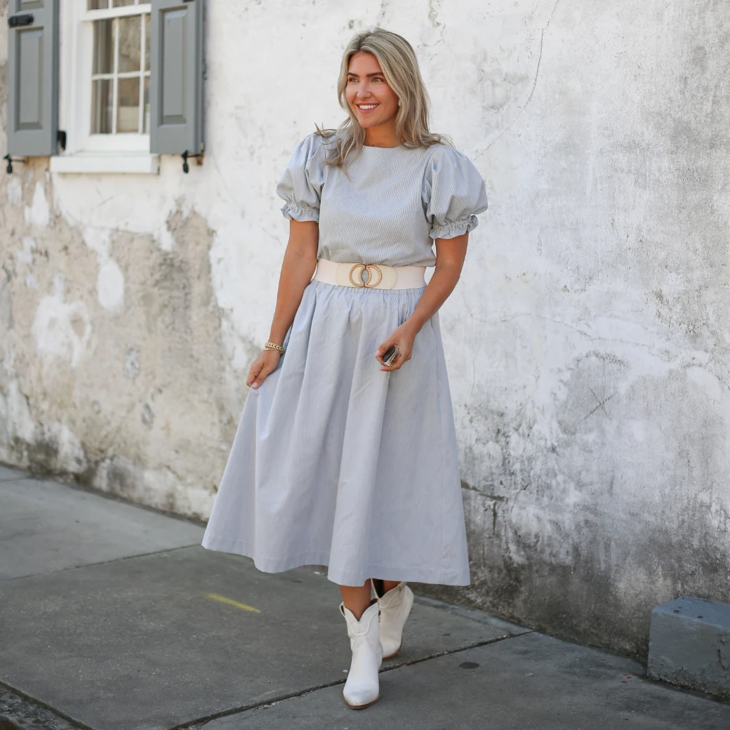 BURU Pink Label BURU X Megan Stokes Puff Sleeve Top - Blue & White Faille Clothing 7 BURU Pink Label BURU X Megan Stokes Puff Sleeve Top - Blue & White Faille Clothing