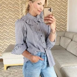 BURU Pink Label Tops Ruffle Collar Blouse - Black & White Poplin Stripe