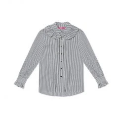 BURU Pink Label Tops Ruffle Collar Blouse - Black & White Poplin Stripe