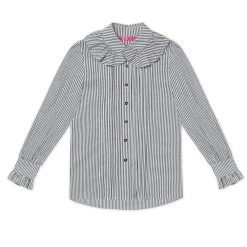 BURU Pink Label Tops Ruffle Collar Blouse - Black & White Poplin Stripe