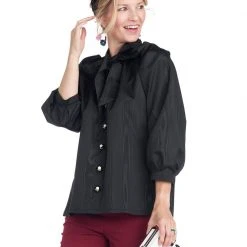 BURU Pink Label Clothing Bow Blouse - Black Moiré