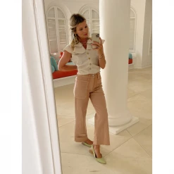 BURU Pink Label Sleeveless Ruffle Blouse - Tan Stripe Clothing