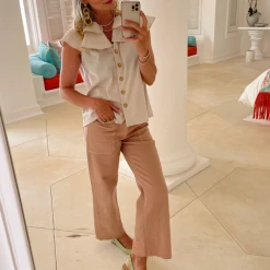 BURU Pink Label Sleeveless Ruffle Blouse - Tan Stripe Clothing