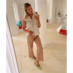 BURU Pink Label Sleeveless Ruffle Blouse - Tan Stripe Clothing