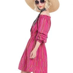 BURU White Label On & Off The Shoulder Mini Dress - Pink Stripe Clothing