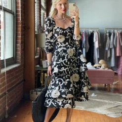 BURU Pink Label Square Neck Long Sleeve Top - Black Floral Clothing