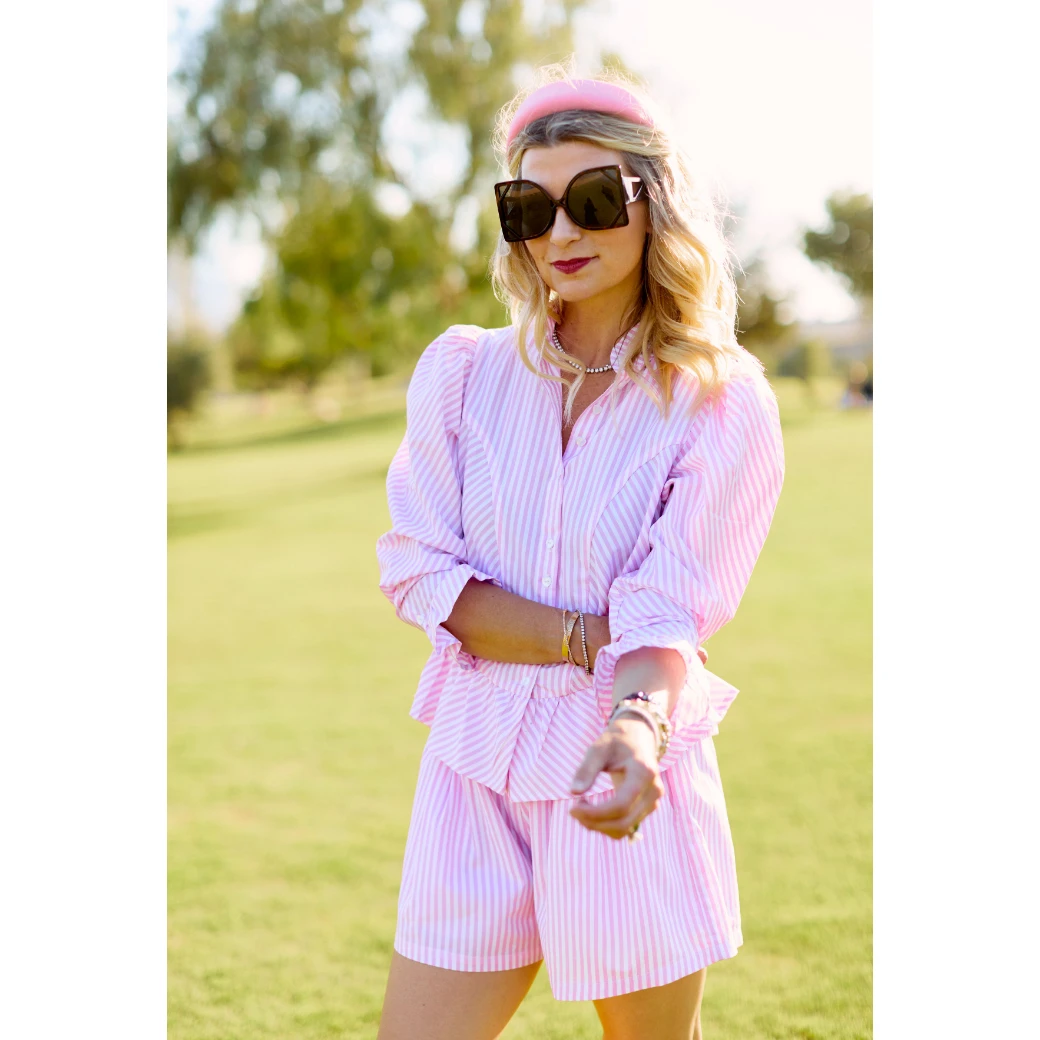 BURU White Label Peplum Puff Sleeve Button Down - Pink Stripe Clothing 12 BURU White Label Peplum Puff Sleeve Button Down - Pink Stripe Clothing