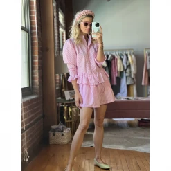 BURU White Label Peplum Puff Sleeve Button Down - Pink Stripe Clothing 26 BURU White Label Peplum Puff Sleeve Button Down - Pink Stripe Clothing