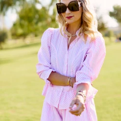 BURU White Label Peplum Puff Sleeve Button Down - Pink Stripe Clothing 19 BURU White Label Peplum Puff Sleeve Button Down - Pink Stripe Clothing
