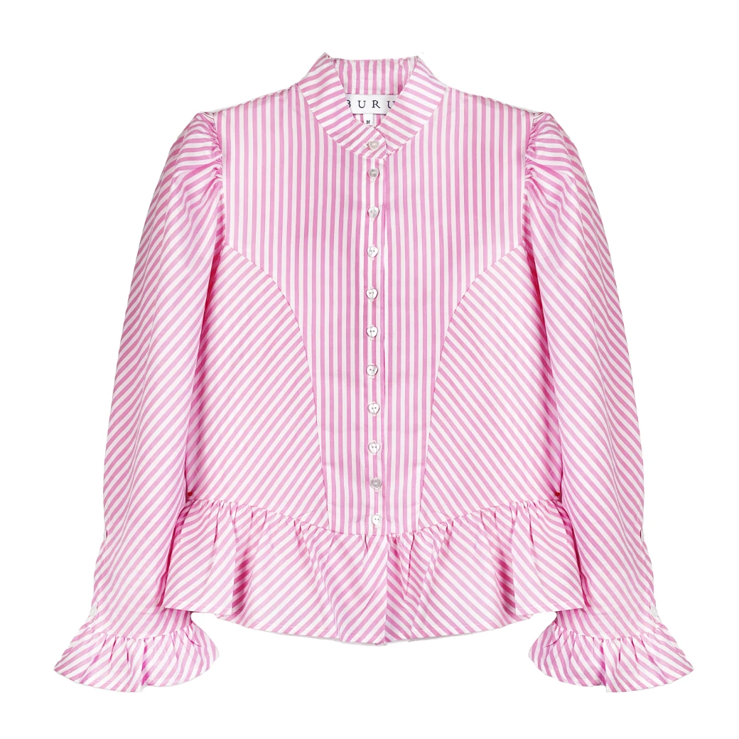 BURU White Label Peplum Puff Sleeve Button Down - Pink Stripe Clothing 16 BURU White Label Peplum Puff Sleeve Button Down - Pink Stripe Clothing