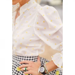 BURU White Label Clothing Peplum Puff Sleeve Button Down - Yellow Hearts 31 BURU White Label Clothing Peplum Puff Sleeve Button Down - Yellow Hearts