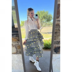 BURU White Label Clothing Peplum Puff Sleeve Button Down - Yellow Hearts 36 BURU White Label Clothing Peplum Puff Sleeve Button Down - Yellow Hearts