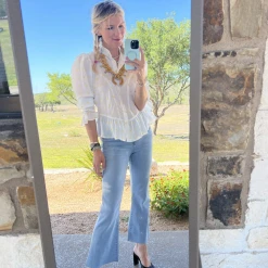 BURU White Label Clothing Peplum Puff Sleeve Button Down - Yellow Hearts 28 BURU White Label Clothing Peplum Puff Sleeve Button Down - Yellow Hearts