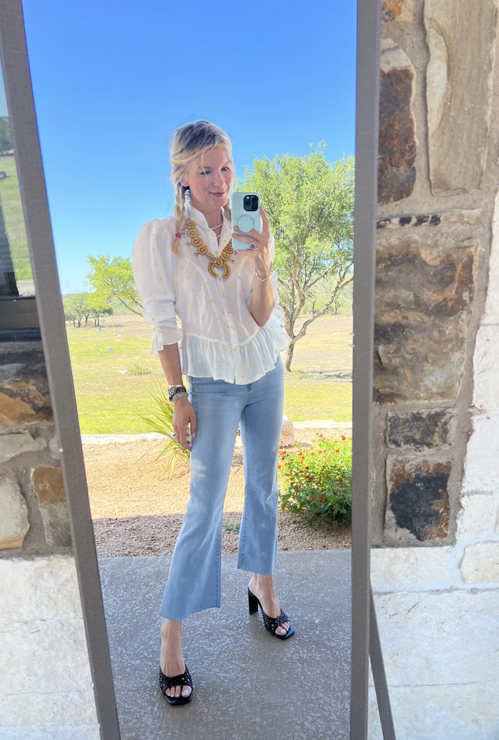 BURU White Label Clothing Peplum Puff Sleeve Button Down - Yellow Hearts 11 BURU White Label Clothing Peplum Puff Sleeve Button Down - Yellow Hearts