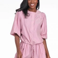 BURU White Label Clothing Drawstring Henley Blouse - Pink Lurex - Final Sale