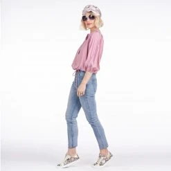 BURU White Label Clothing Drawstring Henley Blouse - Pink Lurex - Final Sale