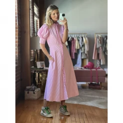BURU White Label Clothing Puff Sleeve Day Gown - MIDI - Pink Poplin Stripe