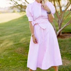 BURU White Label Clothing Puff Sleeve Day Gown - MIDI - Pink Poplin Stripe