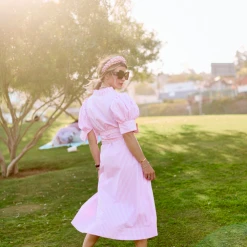 BURU White Label Clothing Puff Sleeve Day Gown - MIDI - Pink Poplin Stripe