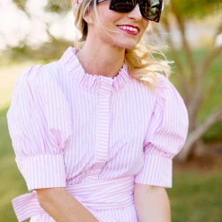 BURU White Label Clothing Puff Sleeve Day Gown - MIDI - Pink Poplin Stripe