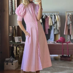 BURU White Label Clothing Puff Sleeve Day Gown - MIDI - Pink Poplin Stripe