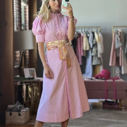BURU White Label Clothing Puff Sleeve Day Gown - MIDI - Pink Poplin Stripe