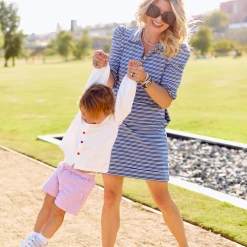 BURU White Label Puff Sleeve T-Shirt Dress - Blue & Green Stripe