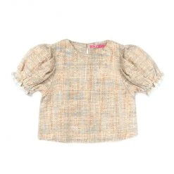 BURU Pink Label Tops Puff Sleeve Top - Taupe Tweed