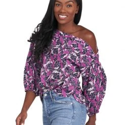 BURU White Label Button Sleeve Blouse - Purple Floral - Final Sale