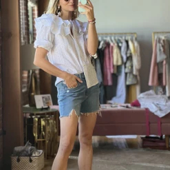 BURU Pink Label Ruffle Blouse -White Textured