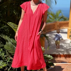 BURU Pink Label Ruffle Collar Midi Dress - Coral 24 BURU Pink Label Ruffle Collar Midi Dress - Coral