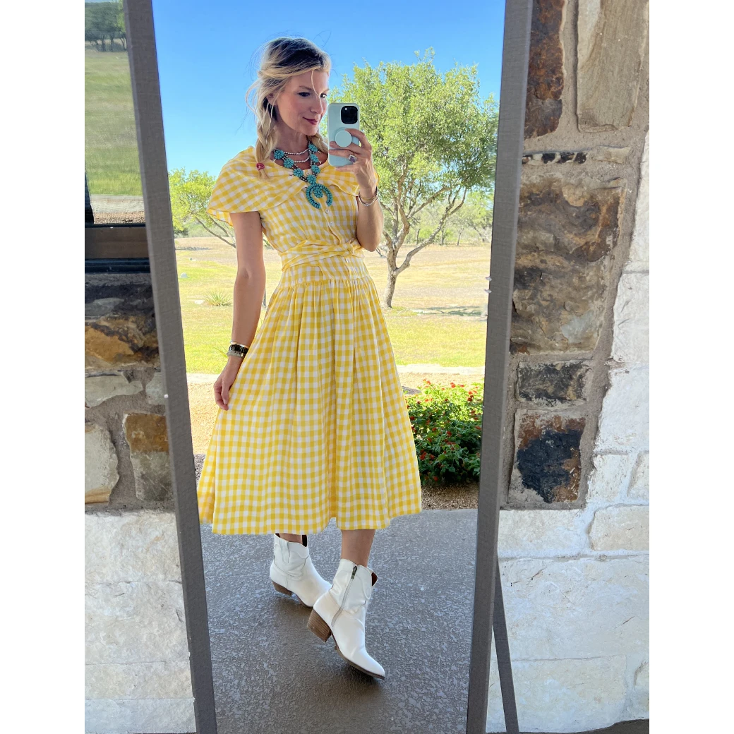 BURU White Label Shawl Dress MIDI - Yellow Gingham Clothing 16 BURU White Label Shawl Dress MIDI - Yellow Gingham Clothing