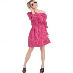 BURU White Label On & Off The Shoulder Mini Dress - Pink Stripe Clothing