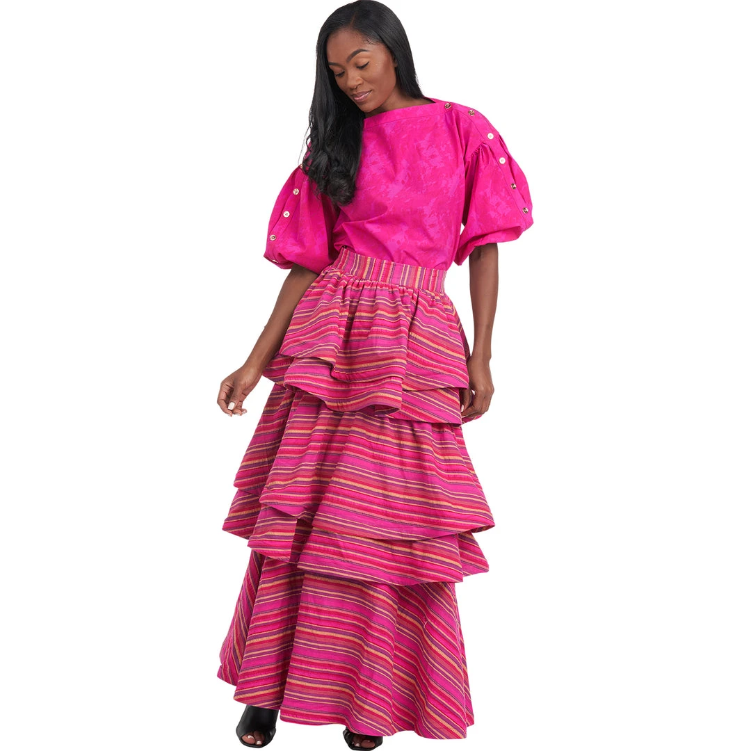 BURU White Label Teagan Tiered Skirt - Pink Stripe Clothing 10 BURU White Label Teagan Tiered Skirt - Pink Stripe Clothing