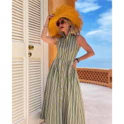 BURU Pink Label Clothing Sleeveless Placket Front Shirtdress - Green Stripe