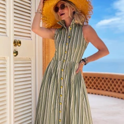 BURU Pink Label Clothing Sleeveless Placket Front Shirtdress - Green Stripe