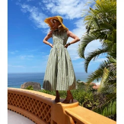 BURU Pink Label Clothing Sleeveless Placket Front Shirtdress - Green Stripe