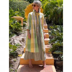 BURU Pink Label Clothing Sleeveless Placket Front Shirtdress - Green Stripe