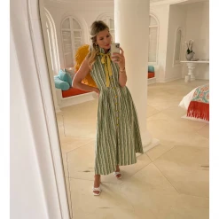 BURU Pink Label Clothing Sleeveless Placket Front Shirtdress - Green Stripe