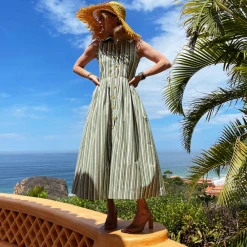 BURU Pink Label Clothing Sleeveless Placket Front Shirtdress - Green Stripe