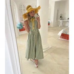 BURU Pink Label Clothing Sleeveless Placket Front Shirtdress - Green Stripe